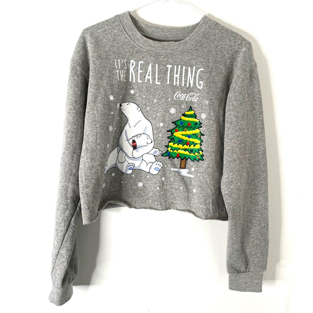 Coca-Cola Polar Bear Holiday Graphic Cropped Sweatshirt Heather Grey Long Sleeve